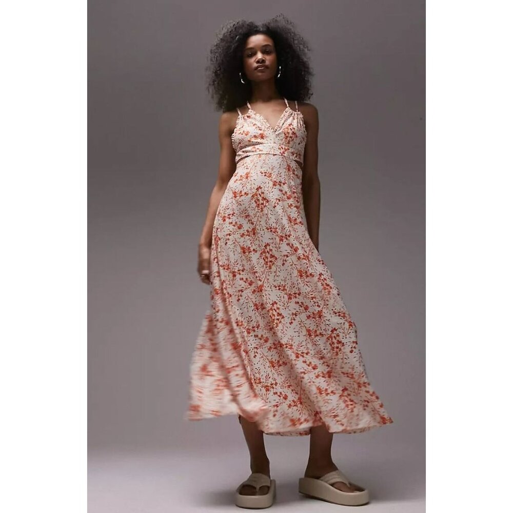 Topshop Eyelet Jersey V Neck Midi Dress Floral Summer Cut Out Vacation Travel 4/